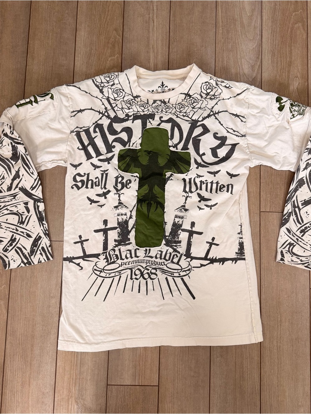 Black Label revenge White Y2K Long-Sleeve Graphic Tee with Olive Cross